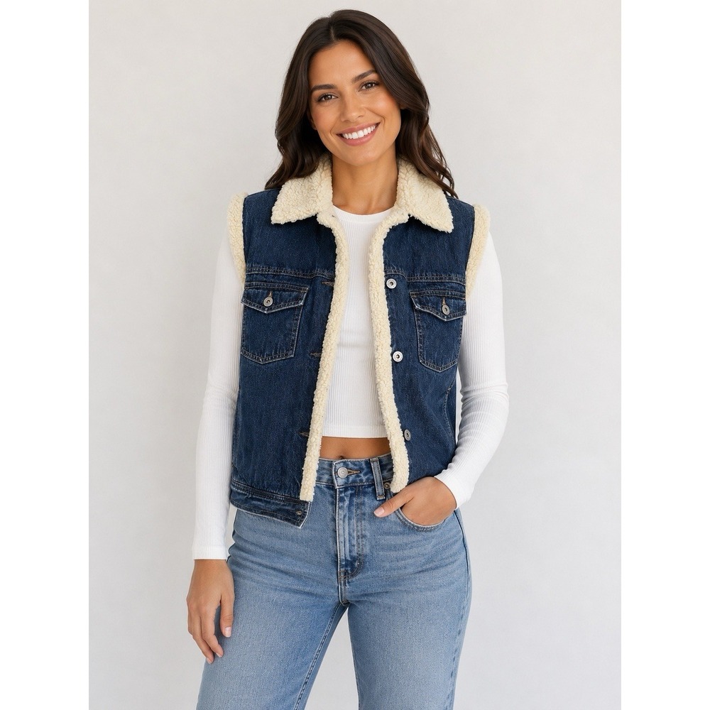 Liz Claiborne Denim Sherpa Lined Vest Women's Blue Jean Trucker No Size Tag